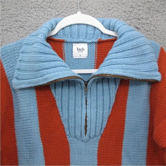Tach Linette Stripe Sweater Sz L Rust Red Aqua Blue Coastal Grandpa Prep Sporty - Picture 6 of 14